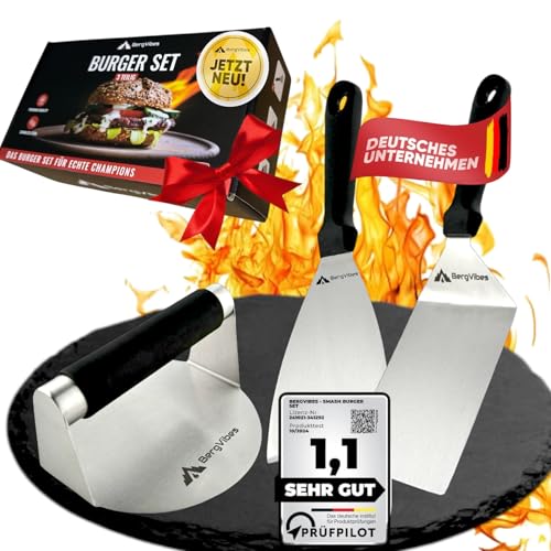 BERGVIBES Smash Burger Set 3TLG. aus Edelstahl für Plancha,Burgersmasher, Grillwender, Grillspachtel, Burger Smasher Set, das ideale Geschenkset (3tlg.)