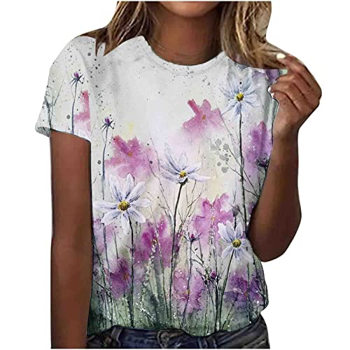 Tshirt Damen Sommer Basic Sommer Pullover 2024 Fashion Tshirt Tshirt Mit Aufdruck Elegant Shirt Tops Bedruckte Tshirts Lustige Oberteile Tees Kurzarm Sportshirt（Purple,3X-Large）