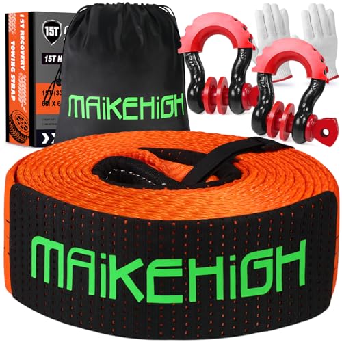 MAIKEHIGH Abschleppseil 15 Tonnen (33,700 Lbs), 6M x 6,7cm Abschleppgurt mit 2 Verbesserten Schäkeln Haken, 2 Handschuhen für Auto, LKW, SUV, Offroad (Orange)