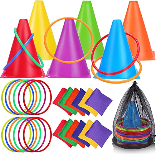 Dazarey 31 Stück Wurfspiel Kinder Ringwurfspiel,3-in-1 Outdoor Spiele Combo Set mit Bean Bags Verkehrskegel Wurfringe Tragetasche,Sitzsack Werfen Spiel für Kinder Drinnen Draußen Garten Party