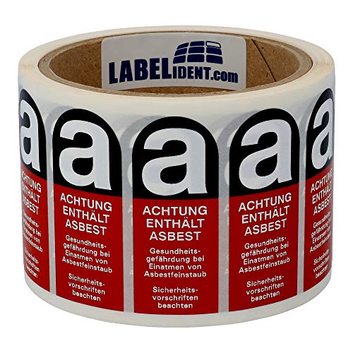Labelident Gefahrstoffetiketten für asbesthaltige Produkte - 25 x 60 mm - Polyethylen, rot/schwarz - 500 Gefahrgutaufkleber auf 1 Rolle