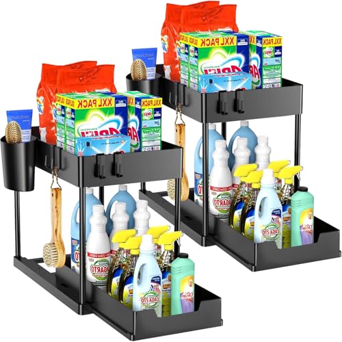 Küchen Organizer, Unter Waschbecken Regal Küche Organizer 2-stöckiger Schubladen-Organizer mit 4 Haken, Spülschrank Organizer, Badezimmer Organizer, Schrank Organizer, Ordnungssystem für Küche