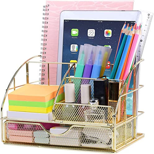 POPRUN Schreibtisch Organizer Tischorganizer mit Stiftablagen/Stifthalter und Schublade Utensilienschalen aus Metall Netz Gold