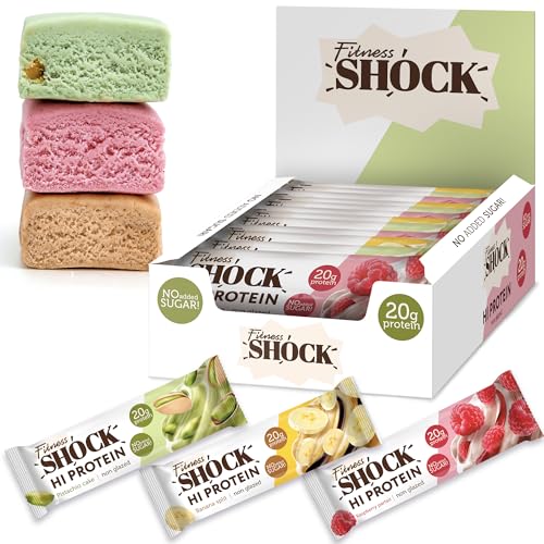 FitnesSHOCK High Proteinriegel Set mit hohem 20g Proteingehalt Eiweißriegel ohne Zuckerzusatz kalorienarm low carb ballaststoffreich Geschmack 12Stk 60g