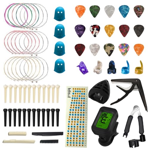 TTCR-II Gitarrenzubehör, 75 Pcs Gitarren Zubehör Set mit Gitarrenstimmgerät, Capo Gitarre,15 Gitarre Plektrum,3 Set Gitarrensaiten Akustikgitarre,5 Fingerpicks,4 Fingerkuppenschutz, Gitarren Aufkleber