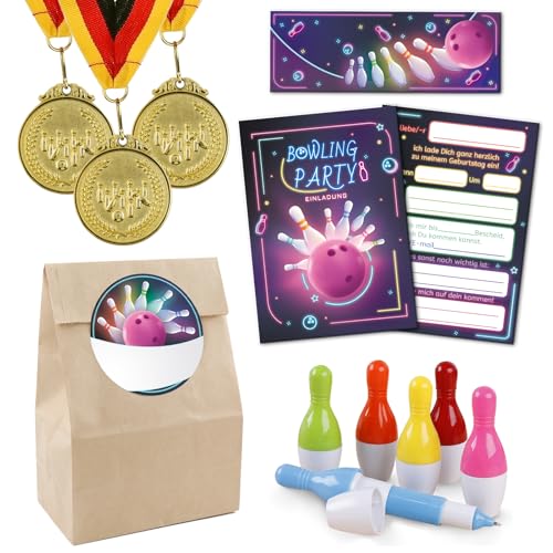Ourdort Bowling Mitgebsel 36 Stück, Bowling Medaillen mit Dreifarbigem Nylonband, Einladungskarten Bowling, Bowling Druckkugelschreiber, Geschenktüten, Bowling Geburtstag Deko, Kegeln Geschenk