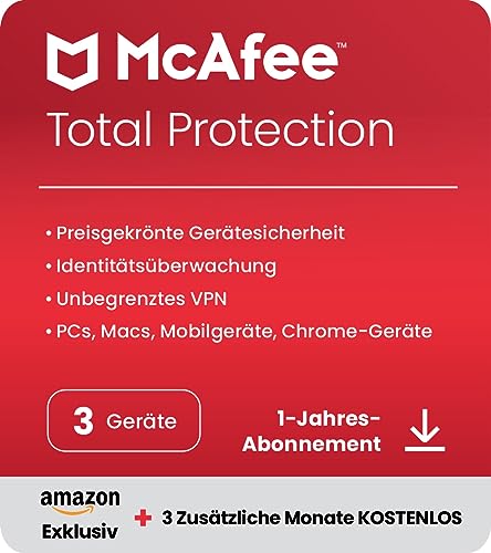 McAfee Total Protection 2024 |exklusiv bei Amazon| 3 Geräte |15-Monate-Abonnement| Virenschutz- und Internetsicherheits-Software |Unlimited VPN|