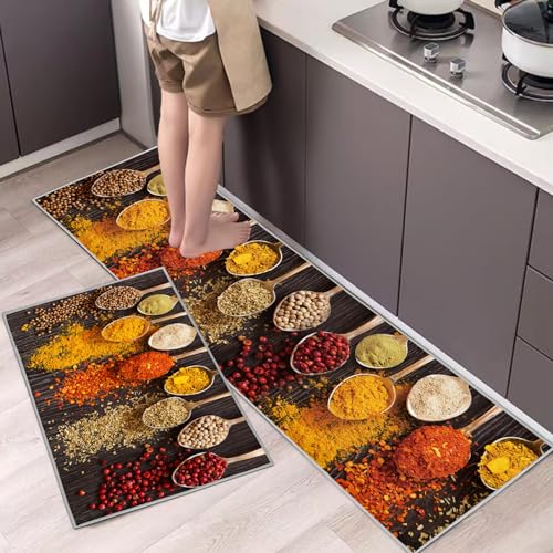 Hoimlm Küchenteppiche 2 Stück, Rutschfestes Küchenmatten,Wasser und Öl aufnehmen Küche Matten Fußmatte Teppich Set,Staubdicht Fußmatte für Drinnen (43x75+43x150cm, Würze)