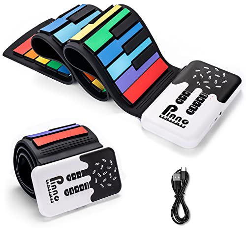 POGOLAB 49 Tasten Roll up Faltbares Piano Klavier für Anfänger, Regenbogen Electronic Keyboards mit 8 Töne 6 Demos, Wiederaufladbar Silikon Mini Klavier mit Aufnahme Monitor modus