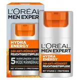 L'Oréal Men Expert Gesichtspflege gegen müde Haut für Männer, Belebende Feuchtigkeitscreme 24H Anti-Müdigkeit, Gesichtscreme für Herren mit Vitamin C und Proteinen, Hydra Energy, 1 x 50 ml