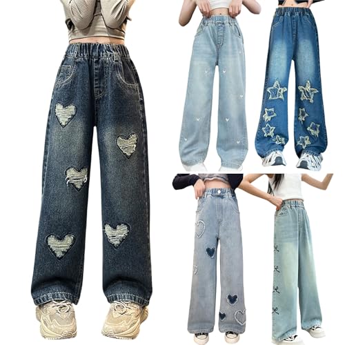 Baggy Jeans Mädchen Weites Bein Jeanshose Elastic Waist High Waist Wide Leg Freizeithose Pants Girls Hosen für Kinder Loose Streetwear Y2K Schlaghose Hohe Taille Cargo Hose Frühling Sommer