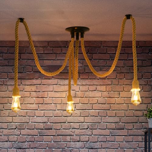ANWIO Deckenlampe mit Hanfseil Kronleuchter, Vintage Industrielles Spinne Deckenleuchte E27, Hängelampe Hanfseil Pendellampe 3 Flammig für Wohnzimmer, Restaurant Halle, Stab, Café, Ohne Leuchtmitttel