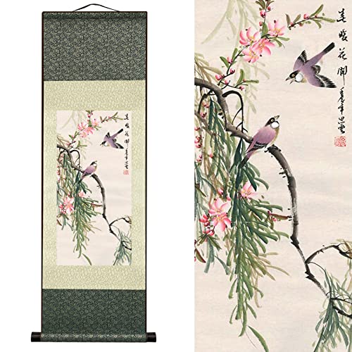 Seide Scroll Malerei Asiatisch Wand Dekoration Vögel und Blumen - Elster - Frühling Blüten Schön Chinesische Kunstwandrolle Hängende Bildrolle Orientalisches Dekor (92 x 30 cm)