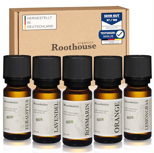 Roothouse Organics 100% Naturreine Ätherische Öle in Bio -Qualität – 5 X 10ml Set für Aromatherapie, Sauna-Aufgüsse und Entspannung