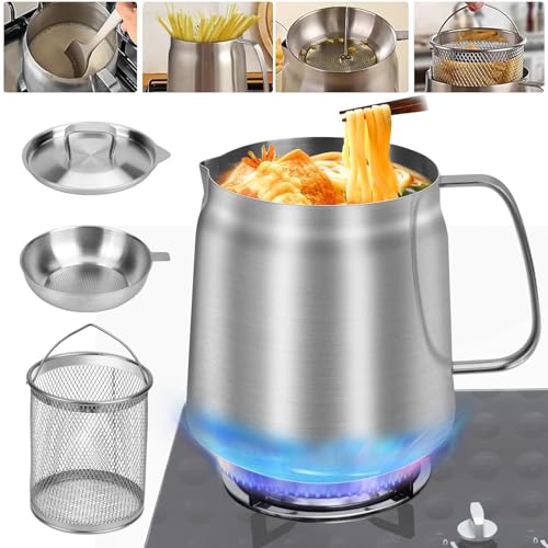 POFIBO Fettbehälter Rostfreier Stahl Speckfett, 2L Frittiertopf mit Sieb und Deckel, Oil strainer pot zum Kochen, Braten und Sieben von Öl, geeignet für alle Herdarten