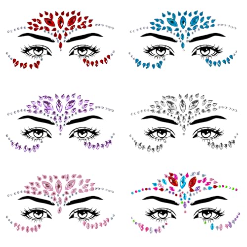 6 Stück Glitzersteine Gesicht, Festival Strasssteine Edelsteine Gesicht Edelsteine Aufkleber Selbstklebend Schmucksteine Temporäre Tattoos für Halloween Karneval Rave Party Make-up Frauen