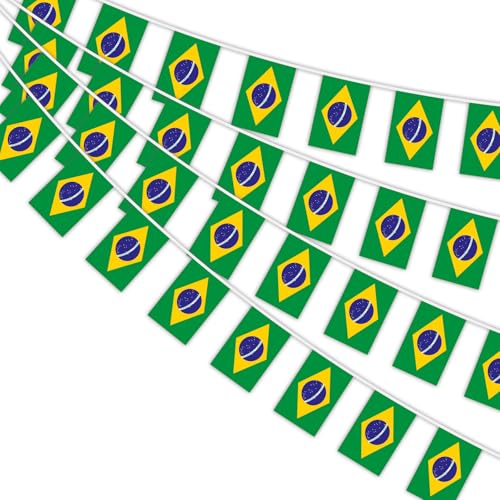 AhfuLife Brasilien Wimpelkette mit 30 Stück Brasilianische Flaggen, 1 Stück 14 x 21 CM - 10 M Beidseitig Rechteck Stoff Brasilien Wimpel Fahne für 2025 Fußball WM Olympische Hausgarten Party Bar Deko