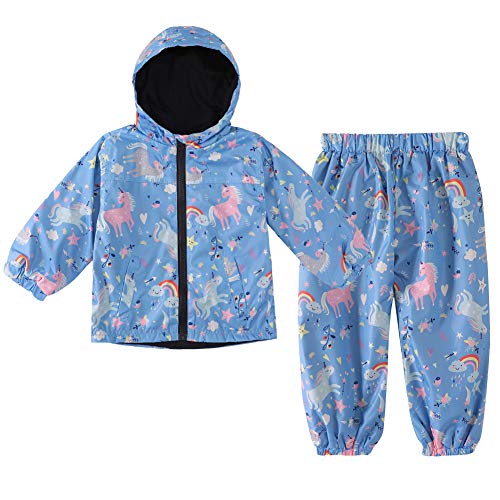 LZH Jungen Mädchen Regenmantel, wasserdichte Kapuze Jacke Mantel Hose Anzug 2PCS Sets, Hellblau, 120