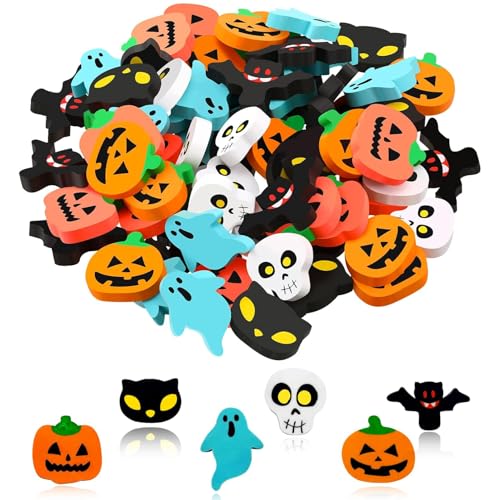 24 Stück Halloween Mini Radiergummis für Kinder - Mini Radiergummis mit Cartoon Kürbis Katze Geisterschädel, Halloween Party Favors Hausaufgaben Belohnungsgeschenk