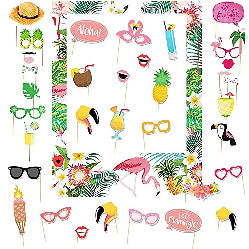 ZOOMPIL Flamingo Party Foto Requisiten, 37pcs Hawaii Photo Booth Props, DIY Flamingo Brillen Masken Hut Foto Requisiten für Sommer Schwimmbad, Tropical Hawaiian Geburtstag Party Deko