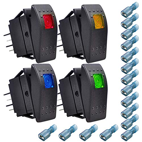 Gebildet 4pcs 12V/20A,24V/10A Boot Wippschalter,Ein/Aus LED Kippschalter(Rot,Gelb,Blau,Grün)+16pcs Anschlussklemmen(6.3mm)