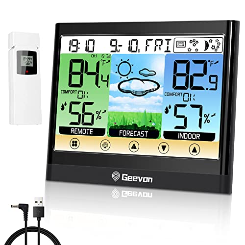 Geevon Wetterstation Funk mit Außensensor, Innen- und Außenthermometer Hygrometer mit Wettervorhersage, Hitzeindex, Taupunkt, Komfortanzeige, Temperaturalarm, Wecker & Schlummerfunktion