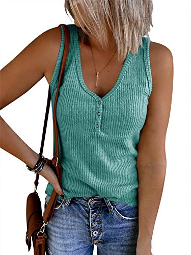 Saodimallsu Damen Tops Ärmellose V-Ausschnitt Casual Tank Tops Lockerer Knopfverschluss Henley Shirt Hellgrün S