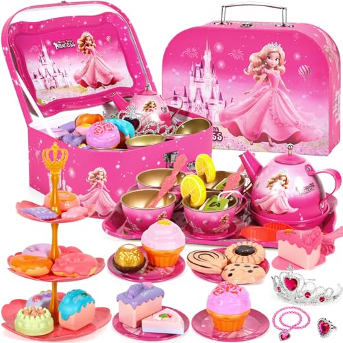 EUZLABBY 52 Teiliges Teeparty Set,Teeservice Kinder,Tin Teekannen-Set,Prinzessinnen Tee Zeit Spielküchen Spielzeug mit Tassen,Tellern und Zubehör,für Geburtstags Ostergeschenke für 3-8 Jahre Kinder.