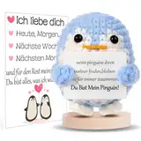 Geschenk zum Valentinstag für Ihn Sie, Ich Liebe Dich Geschenke für Frauen, Geschenk für Paar- Strickwolle Pinguin Puppe mit Große Emotionskarten, Jahrestag Geschenk für Sie (Blau)