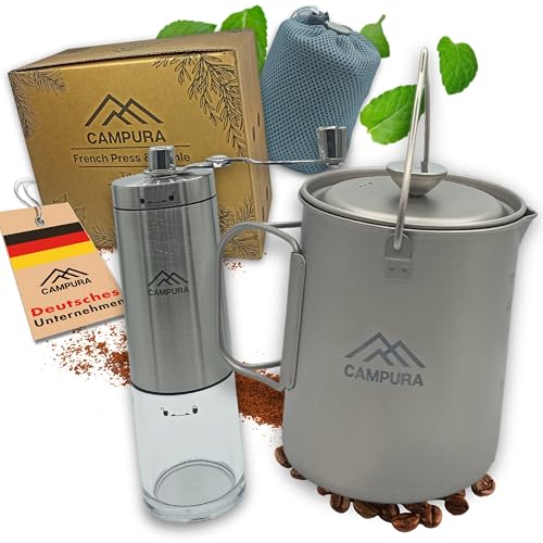 Campura Titan French Press Topf - 750ml mit Edelstahl Kaffeemühle, Präzisionsfilter, Leicht & Kompakt - Outdoor Kaffeekocher, Camping French Press