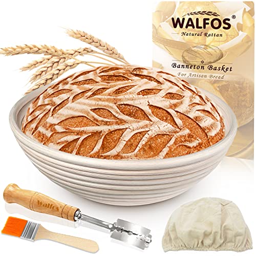 Walfos Gärkorb Set, Rundes Gärkorb zum brotbacken 23 CM, aus natürlichem Rattan, Inklusive Brotmesser, Reinigungsbürste und Leinenbezug, Ideal zum Brotbacken