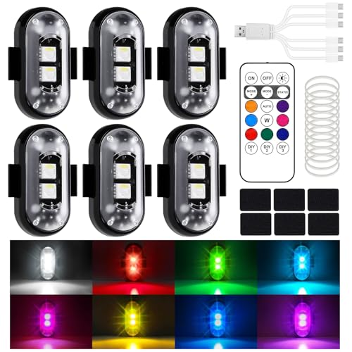 YESLUSY 6 Stück Kabellose LED Lichter Autos, Wasserdicht Auto Antikollisionslichter mit Fernbedienung, 8 Farben USB Aufladung Blitzleuchte für Motorrad, RC-Auto, Fahrrad, Drohne, LKW