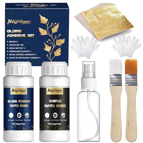 Blattgold Kleber Set für Handwerk, Inklusive Vergoldungskleber und Wasserbasierter Schutzlack, Blattgold 100 Stück, Pinsel und Sprühflasche Vielseitig für Dekoration und Restaurierung (Gold Leaf Kit)