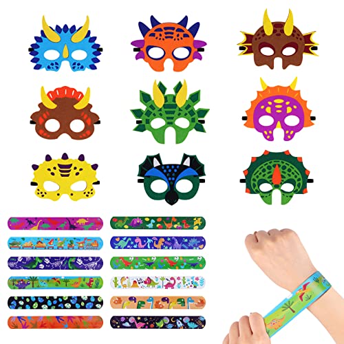 Aomig Dinosaurier Masken, 9 Stück Dino Filz Masken, Cosplay Kindermasken mit 12 Stück Schnapparmbänder für Mädchen Jungen, Partymasken zum Halloween Kindergeburtstag Karneval