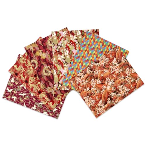 Stoffe Zum Nähen,Orientalischer Stil Stoffe 6 Stück, Asiatische Chinesische Japanische Fisch Floral Rot gekrönter Kranich Große Welle Drache Rotes Patchwork Stoffe 50 x 40 cm Zum Nähen Quilting DIY