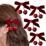 FloralGrace 4 Stück Kirsche Schleife Haarspange Rote Haar Accessoires für Damen, Samt Alligator Kirsche Haarclips für Pferdeschwanz Winter Weihnachtsschmuck