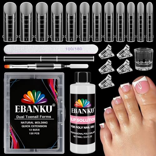 EBANKU 120PCS Polygel Tips Nagelformen mit 75ml Slip Solution, Lange Quadratische Dual Tips für Pediküre, Wiederverwendbar Zehen Nagelspitzen Form mit Nagelspitzen Clip Nagel Pinsel und Nagelfeile