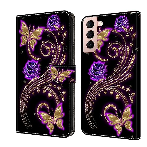 Rnrieyta Miagon Kickstand Flip PU Leder Schutzhülle für Samsung Galaxy S24,Bunt Muster Hülle Brieftasche Case Cover Ständer mit Kartenfächer,Lila Gold Schmetterling