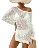 Bsubseach Crochet Cover Up für Bademode Damen Pool Badeanzug Coverup Langarm Strand Strick Tops Weiß