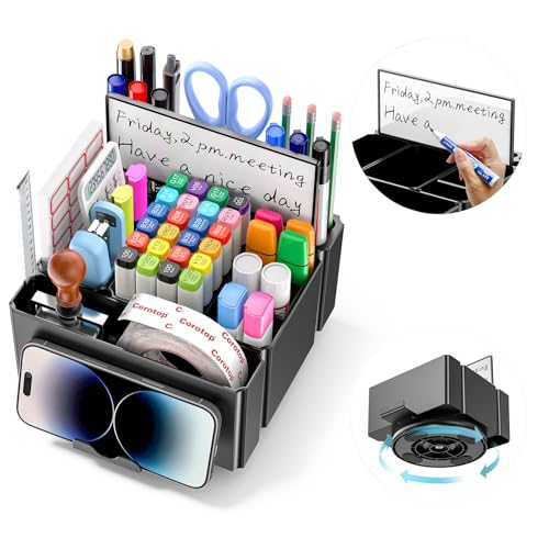 KDD Stiftehalter Schreibtisch mit Telefonhalterung und Whiteboard, Stiftehalter Drehbar mit 6 Fächern und 12 Stiftfächern - Stiftehalter Groß & Schminktisch Organizer für Schule, Büroausstattung