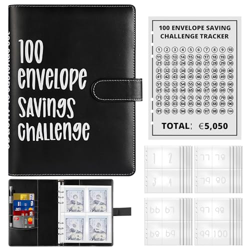 ALLOMN 100 Envelope Saving Challenge Euro, 100 Umschläge Spar Challenge Ordner Geldsparmappe A5 Geldsparbinder Budget Planner zu Sparen 5050EUR Budgetordner für Paare Büros Zuhause Schule (Schwarz)