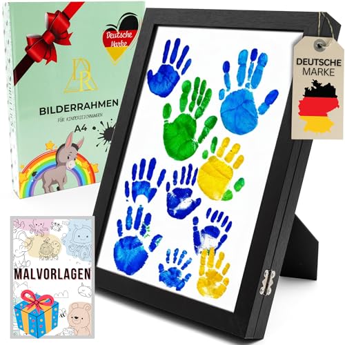 DRELLICS Bilderrahmen Kinderzeichnungen A4 Kinder Kunst Rahmen frame schwarz zum befüllen Echtglas Front mit 10 Malvorlagen aufklappbar für mehrere Bilder Kunstwerke Deko Kinderzimmer (Schwarz)