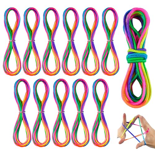 WINKIO 12PCS Fingertwist Fadenspiel Kinder mit Gummitwist, 11 STK Fingerspiel+1 STK Sprungbänder(5M),Regenbogen Geduldspiele Knobelspiele, Kleine Geschenke für Kinder geburtstage und Campus-Spiele