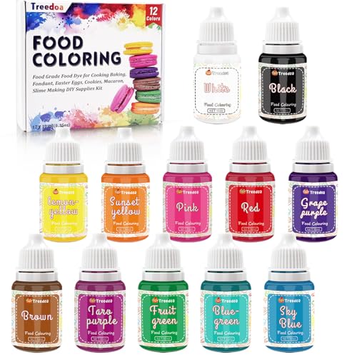Treedoa Lebensmittelfarbe Flüssige,12 Farbenx10ML Lebensmittelqualität Leuchtende Lebensmittelfarbe,Konzentriertes Lebensmittelfarben Set für Kuchendekoration,Ostereier,Backen,Kekse,Fondant,Zuckerguss
