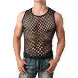 ROSVAJFY Herren Muskelshirt Ärmellos Netz, Mann Tanktop Transparent, Männer Netzhemd Atmungsaktiv, Herrens Netz Shirt Trägershirt Sport Top Gym Clubwear Fischnetz Sexy Schwarz (Schwarz 2, L)