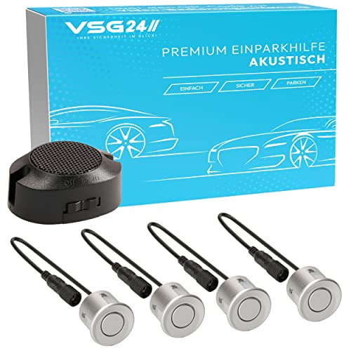 VSG24 Premium Einparkhilfe hinten zum nachrüsten am Auto, PDC Parksensoren hinten mit Stecksystem für einfachste Montage Rückfahrwarner mit Lautsprecher & 4 Sensoren Parkhilfe Nachrüstsatz Silber