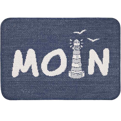 Knutzen Wohnen Fußmatte Moin Leuchtturm 40x60 cm Blau - Fußmatte Maritim - rutschfest und waschbar - Fußwärmende Designmatte - Sisaloptik - Ideale Schmutzfangmatte für die Küche und Eingangsbereich
