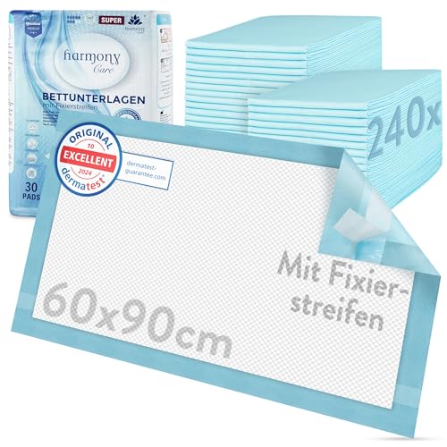 Harmony Care® 30 x Inkontinenz Bettunterlage mit Fixierstreifen, 6-lagig - 60 x 90 cm saugstarke Krankenunterlagen - rutschfeste Inkontinenzunterlagen einweg