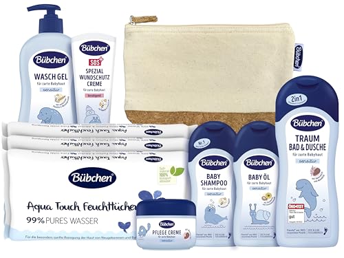 Bübchen Pflegeset für Neugeborene, 7-teilig – Geschenkset mit Baby-Produkten, von mildem Shampoo bis pflegender Wundschutzcreme, ohne Silikone