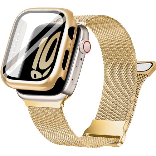 Ocaer Kompatibel mit Apple Watch Armband mit Gehäuse 40mm 41mm 42mm 44mm 45mm 46mm, Metall Magnetisch iWatch Armband für Apple Watch SE Series 10 9 8 7 6 5 4, Edelstahl Mesh Loop (Gold, 40mm)